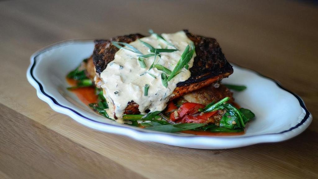 Blackened Redfish · Fried Green Tomatoes, Peperonata, Spinach, Green Onions, Remoulade &. Hot Pepper Sauce (slightly spicy)