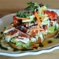 Tuna & Avocado Toast · Chilled Creole Tuna (served rare), Toasted Sourdough Bread, Spring Vegetables, Red Pepper Sa...