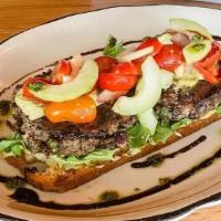 Open-Faced Vegan Burger · Black Bean, Crimini Mushroom & Roasted Broccoli Patties, Tomato Salad, Arugula, Cucumber, Ba...