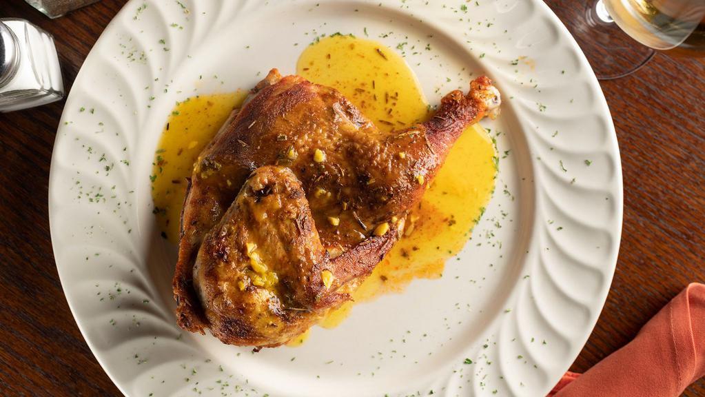 Rosemary Chicken · Gluten-free. Plump half chicken deliciously seasoned with lemon wine and sprigs of aromatic rosemary. Baked to a rich golden brown.