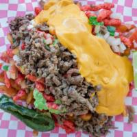 Hot Cheeto Fries · steak,nacho cheese,sour cream,guacamole,& pico de gallo