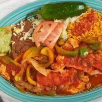 Chicken A La Mexicana · Boneless breast of chicken with sautéed onions, tomatoes, and peppers. Served with beans, ri...
