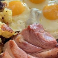 Up North At The Cabin · 3 eggs, 1 slice of Cherrywood bacon, 1 plump lean Jones sausage, hand cut off the bone ham s...