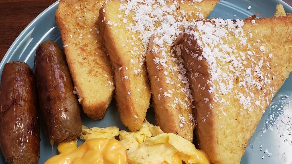 Double Barrel French Toast · Created from scratch with a rich batter of eggs, fine imported vanilla and buttermilk, served with 2 huge Jones Farms breakfast links, lightly dusted with powder sugar. Served with 2 eggs. Option to substitute 2 bacon strips is available.