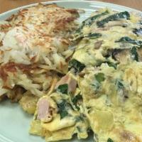 The Perfect Omelette · 4 eggs stuffed with sausage, ham, mushrooms, spinach, & Yukon gold potatoes, with choice of ...