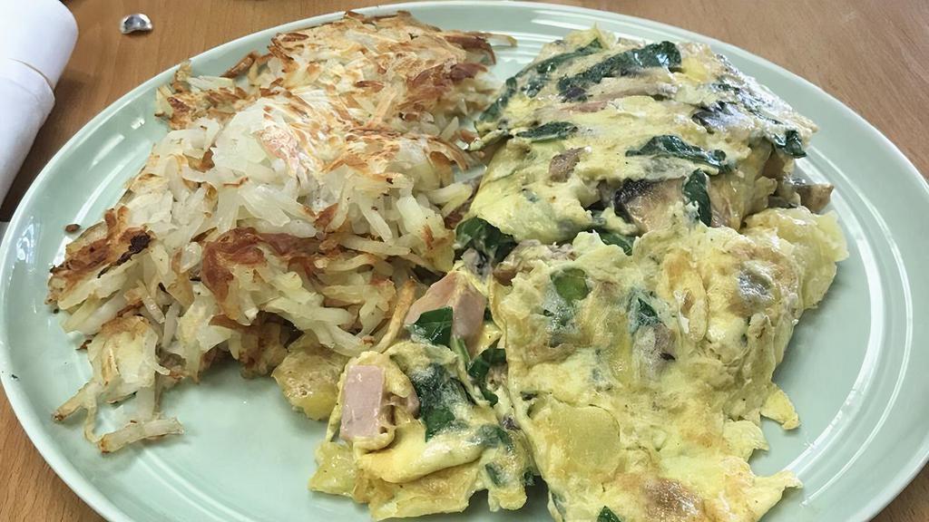 The Perfect Omelette · 4 eggs stuffed with sausage, ham, mushrooms, spinach, & Yukon gold potatoes, with choice of cheese. Served with more Yuks on the side.