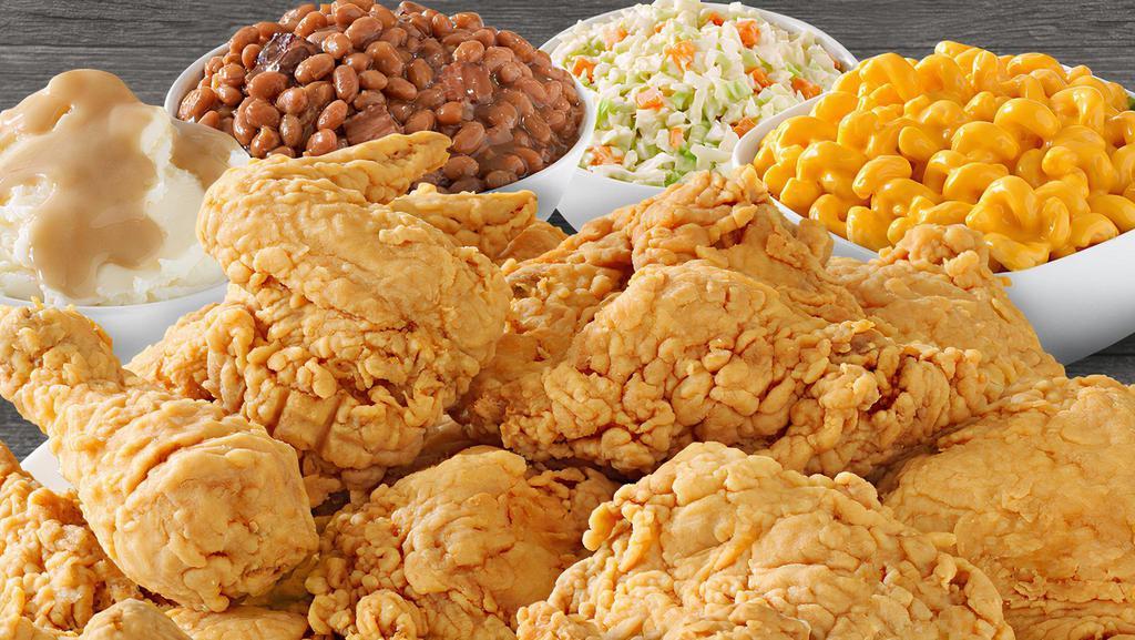 Chicken (20) Or Tenders 4 Large Sides · 20 pcs Chicken or Tenders and your choice of 4 large sides.