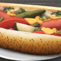 Hot Dog Chicago Style · Chicago Style all beef hot dog with the works!