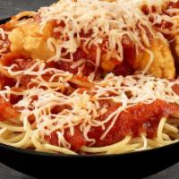 Chicken Parmesan With Spaghetti · 2 white meat tenders with marinara sauce and cheese over spaghetti noodles.