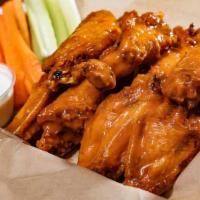 Wings · Served with celery and carrot sticks. choice of sauce: buffalo, BBQ, garlic parmesan, lemon ...