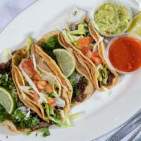 Tacos · Choice of Steak or Chicken
toppings: cheese, lettuce, tomato, onion and cilantro.