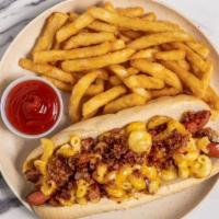 Bacon Mac & Cheese Dog · 1/4 pound plus all beef jumbo hot dog, split down the middle and pan fried, topped with hous...