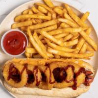Cowboy Dog · 1/4 pound plus all beef jumbo hot dog, split down the middle and pan fried, topped with Ched...