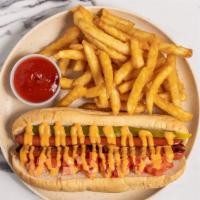 Sriracha Dog · 1/4 pound plus all beef jumbo hot dog, split down the middle and pan fried, topped with a pi...