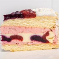 All American Cake Cheesecake · Brought to you from the Cheesecake Factory Bakery. Vanilla Cake, Strawberry Mousse and Chees...