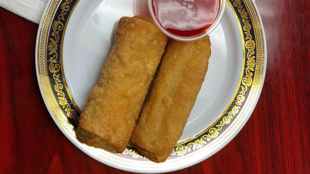 Egg Rolls (2) · 2 savory rolls stuffed with shredded vegetables and chicken wrapped in thick shell then fried to golden brown.