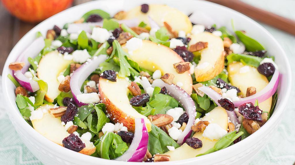 Cranberry Pecan Salad · Fresh baby spinach, cranberries, candied pecans, red onion, feta cheese, and cucumbers served with Raspberry Vinaigrette dressing.