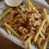 Garlic, Bacon + Blue Cheese Fries · Served with ranch dressing