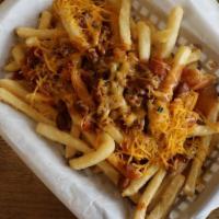Veggie Chili Fry · Topped with vegetarian chili and shredded cheddar