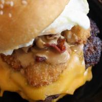 Undead Elvis · peanut butter, fried bananas, bacon, American cheese, egg, mayo