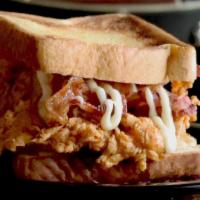 Helldorado · Hot honey BBQ-dipped chicken, jack cheese, bacon, hot honey mayo, Texas toast bun