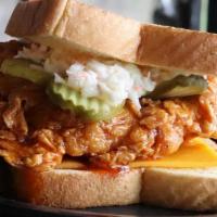 Stuntman Mike'S Chicken Sandwich · Nashville hot chicken, Cheddar cheese, coleslaw, pickles, Texas toast bun