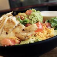 Sw Chix Salad · Grilled chicken, guacamole, red onion, tomato, fried jalapenos, cheddar cheese, chipotle ranch