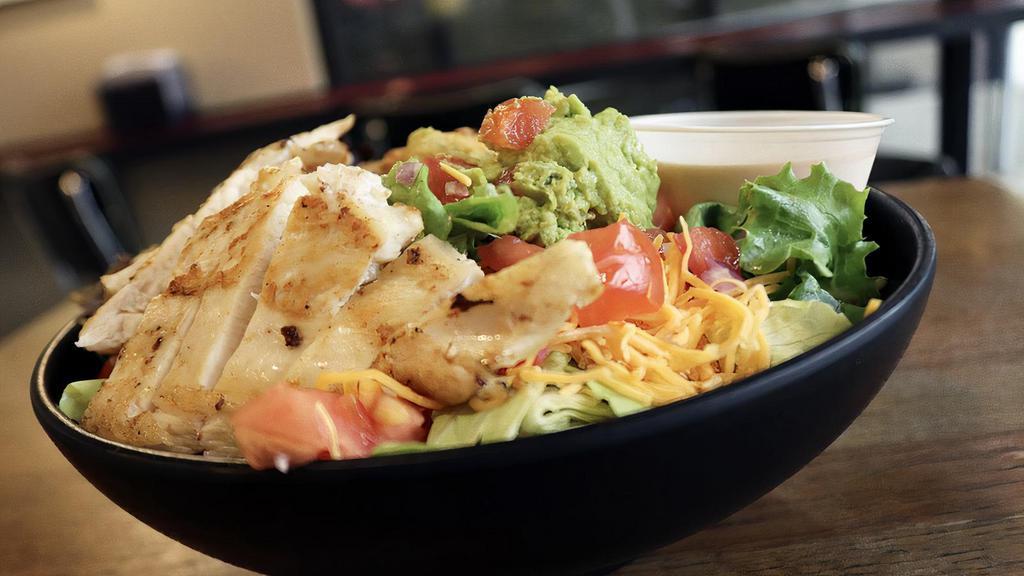 Sw Chix Salad · Grilled chicken, guacamole, red onion, tomato, fried jalapenos, cheddar cheese, chipotle ranch