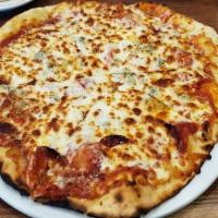 Pepperoni & Gorgonzola Pizza · Hand-cut pepperoni, gorgonzola cheese, mozzarella, roasted garlic, red sauce.