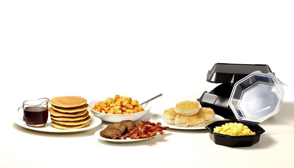 Breakfast Bundle · Four servings each of  scrambled eggs, crispy spud potatoes, biscuits, pancakes, bacon and sausage.