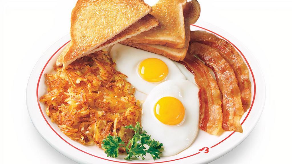 2 Eggs & Meat Breakfast · Two eggs* any style, . hash browns, toast and . jelly with bacon, sausage, . ham or turkey sausage.