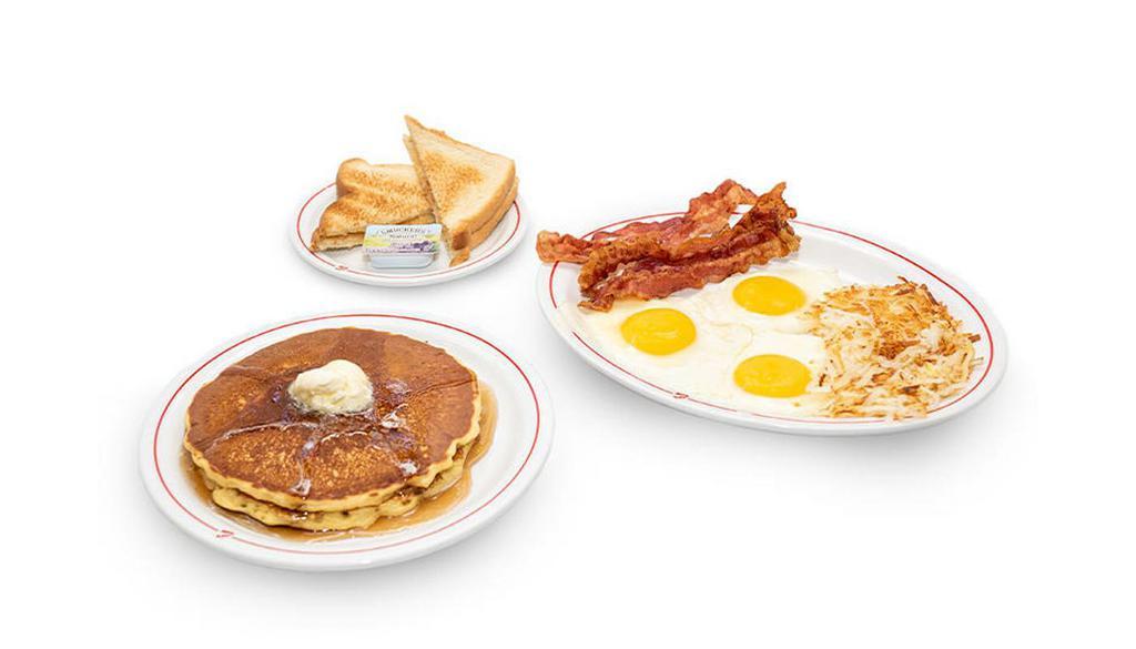 Big Boy'S Big Breakfast  · Three eggs any style, two pancakes, hash browns, toast and jelly with bacon, sausage, ham or turkey sausage.