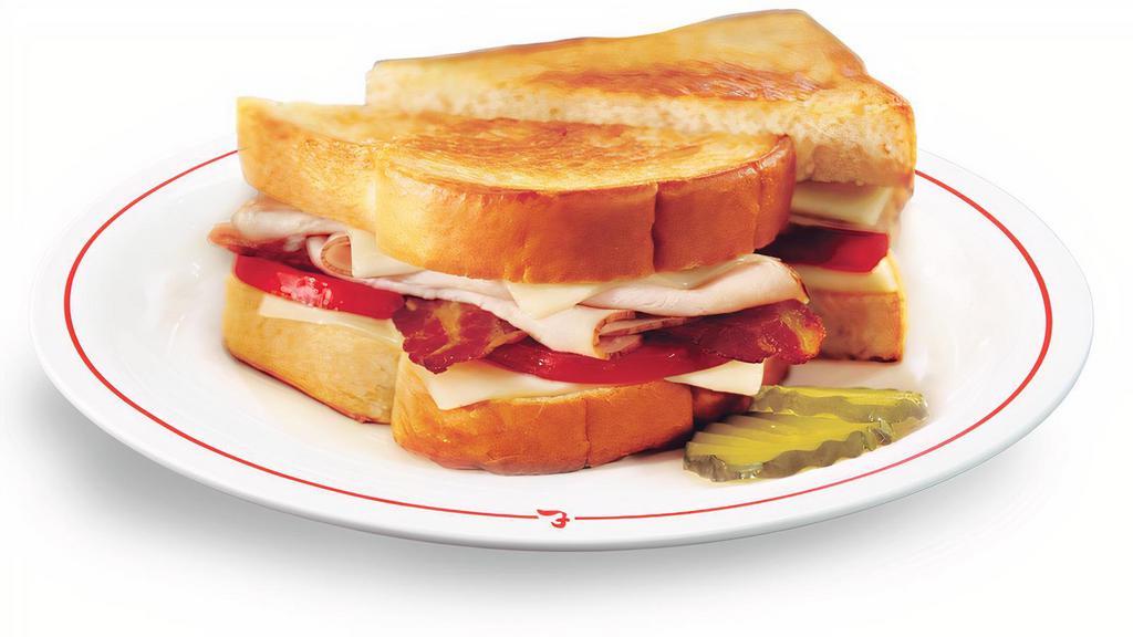 Club Melt Turkey · Sliced turkey with bacon, tomato and Swiss cheese grilled on Texas toast.