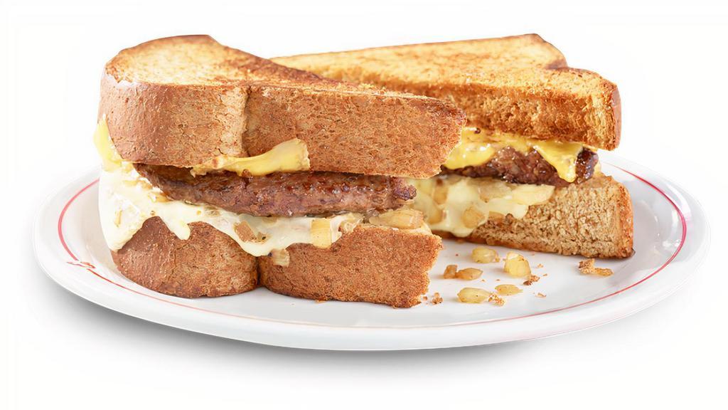 Patty Melt · Ground beef patty with American and Swiss cheeses, caramelized onions, grilled on whole wheat Texas toast.