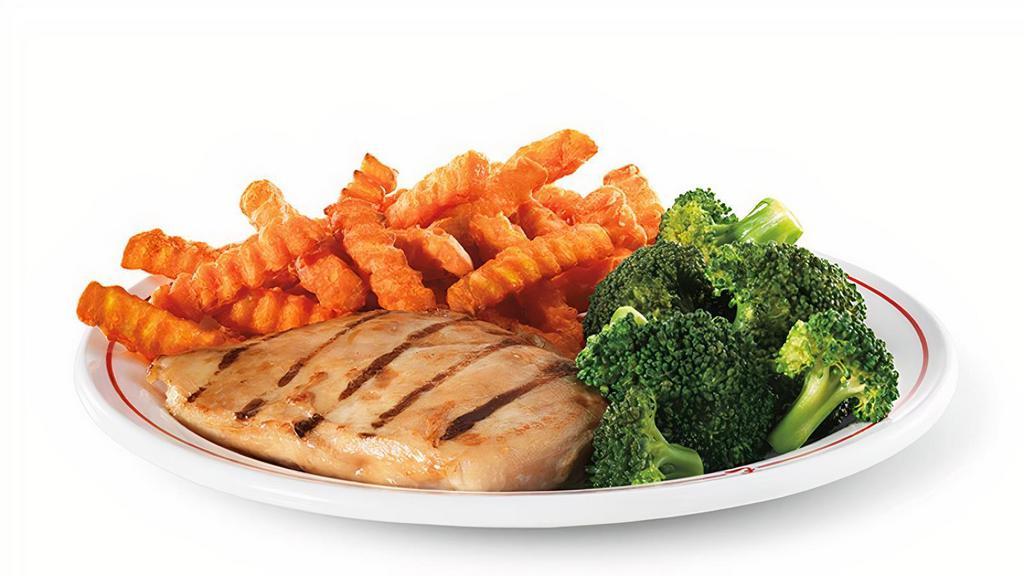 Grilled Chicken Breast Dinner · Skinless chicken breast lightly seasoned in marinade . and grilled. Served with two classic sides and garlic toast.