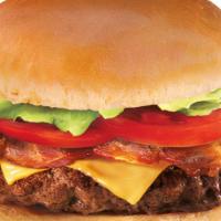 Bacon Cheeseburger · 1/4 lb. of beef* with cheese, two slices of bacon, lettuce, tomatoes, pickles and mayonnaise.