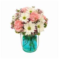 Daisy Garden In Blue Mason Jar · Vivacious daisies capture instant attention, blended artfully with colorful carnations and w...