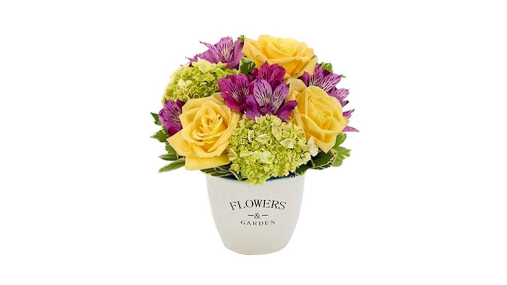 Flowers & Garden Bouquet · Floral beauty, personified. This spectacular presentation of stunning blooms features yellow roses, mini hydrangea and purple alstroemeria in a 