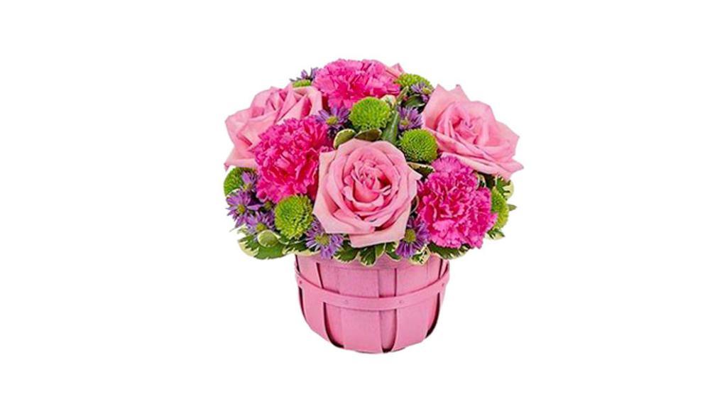 My Favorite Easter Basket · Certainly, this festive celebration of Easter is destined to become a favorite for everyone on your gift list...and it will also make a great gift for yourself to adorn your holiday decor! Pink roses, hot pink carnations, green button poms and purple monte casino blooms are beautifully arranged in a pearlized bushel basket. Measures 12