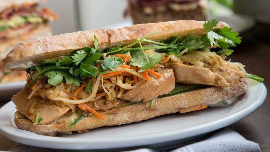 Chicken Banh Mi Sandwich · With pickled vegetables, cilantro and mayo on a baguette. (Jalapenos optional; please add to comments if you would like to add them.)