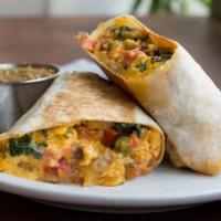 Breakfast Burrito · Choice of meat with scrambled eggs, cheese, spinach, tomato, jalapeno and tomatillo salsa.