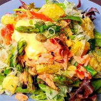Salmon Salad · Flaked cured salmon, baby potatoes tossed in butter, dijon mustard and capers, shaved fennel...