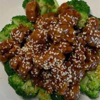 Sesame Chicken · Chunk of chicken breaded and deep fried in sweet sesame sauce. Served with white rice.