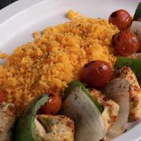 Chicken Kabob Entree · Marinated chicken breast cutlets, tomatoes, onions, and green peppers flame-grilled on a ske...