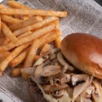 Mushroom &  Swiss Burger · Swiss cheese, sauteed mushrooms and onions. 1/2 lb. Burgers are made with 100% USDA choice f...