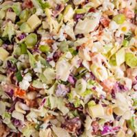 Chopped Chicken Salad · A hearty chicken chopped salad with Romaine and iceberg lettuce, pasta, chicken, bacon, toma...