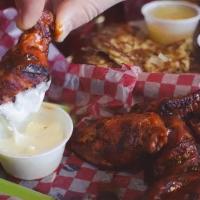 Chicken Wings (1 Lb) · One pound of wings. Choice of traditional or breaded. Choice of wing sauce. Served with ranc...