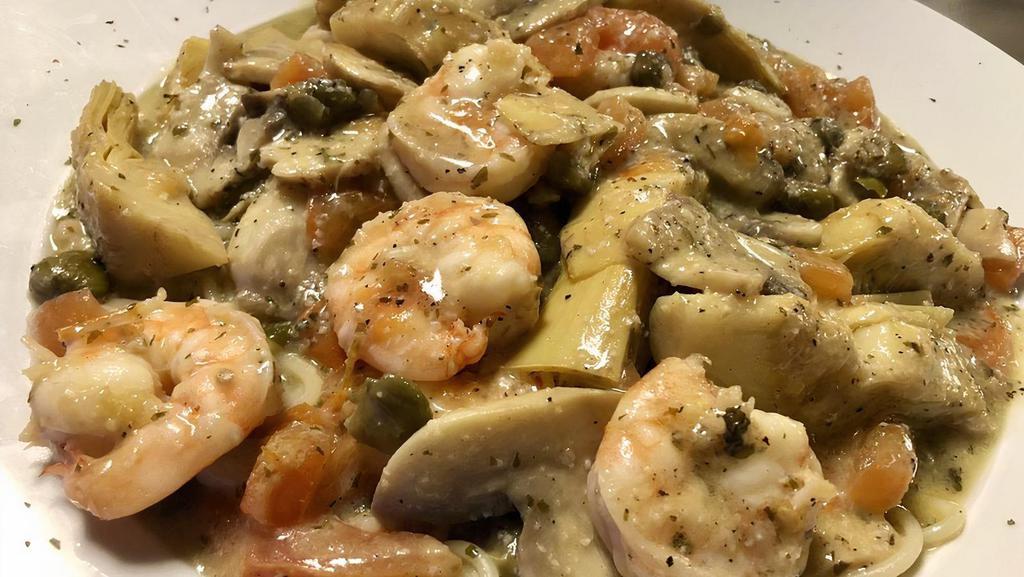 Shrimp Verano · Sautéed shrimp, mushrooms, fresh tomatoes, garlic, artichokes, capers in a white wine lemon sauce