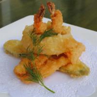 Shrimp Tempura App · Two pieces of shrimp & five pieces of vegetables deep-fried in tempura batter.