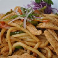 Yaki Udon · Thick white flour noodles pan-fried with chicken & vegetables